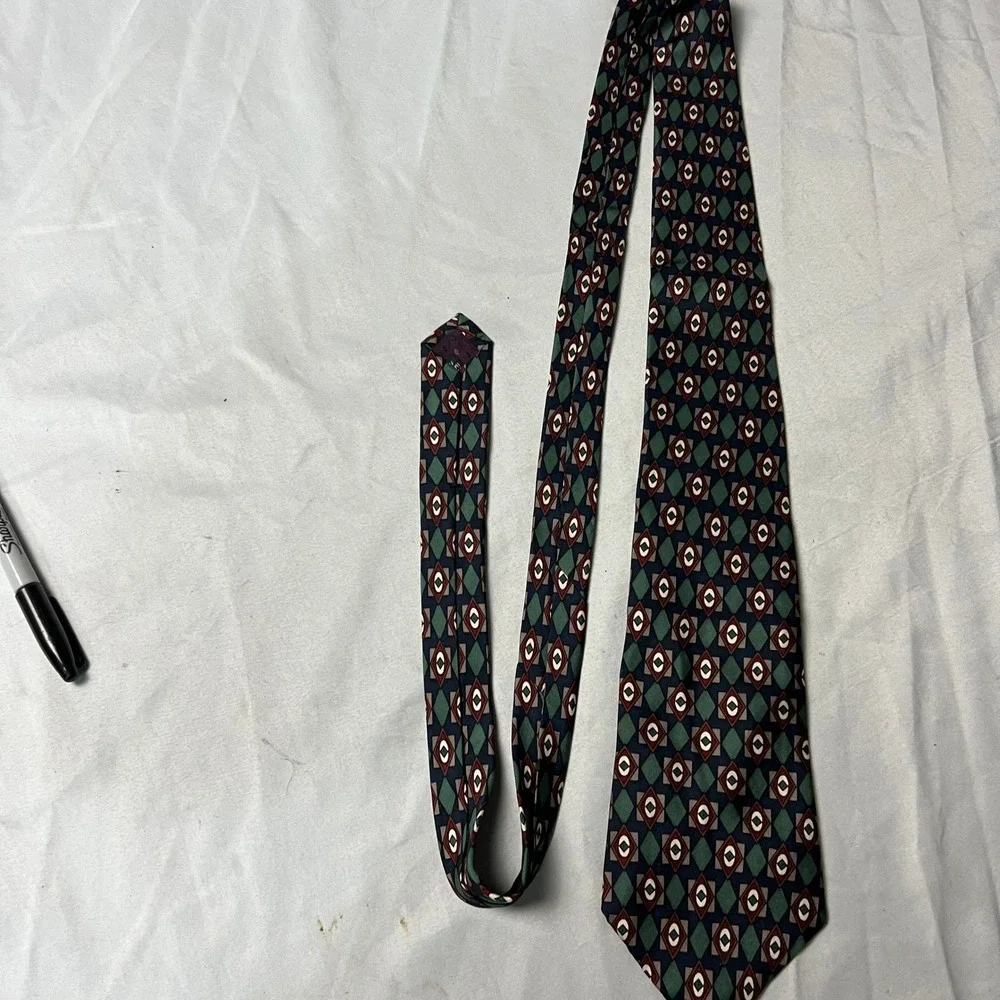 Albert Nipon‎ Silk Tie Geometric Retro Diamond Pattern Navy Green Burgundy Men